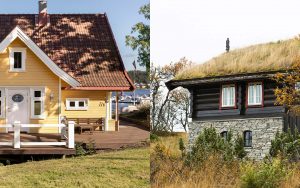 Hytte malt i Jotun 1124 Skagengul og hytte beiset med Trebitt Oljebeis i fargen 0675 Seterbrun